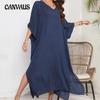 Summer Women's Beach Cover Up Plus Size V-Neck Loose Casual Dress Split Floor Length Dress Swimwear Cover Up