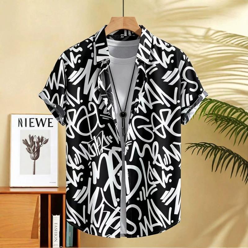 Casual Men's Letter Graffiti Print Short Sleeve Shirt