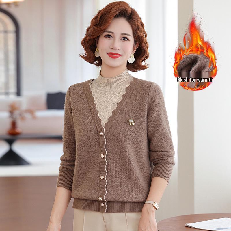 Mom's 2025 Winter Two-Piece Style Plus Velvet Sweater for Middle-Aged & Elderly Women - Thickened Autumn/Winter Velvet Base Layer Shirt