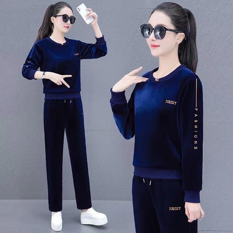 Winter Velvet Two Pieces Sets O Neck Plush Lined Loose Outfit Straight Baggy Pant Suits Thick Warm Casual