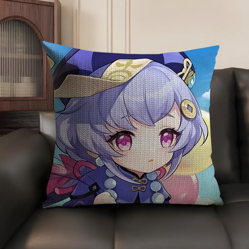 Qiqi Genshin Impact Cute Cushion Cover Natural Linen Organic Fabric DoubleSided Printing Sofa Home Decor Gift Pillow Case