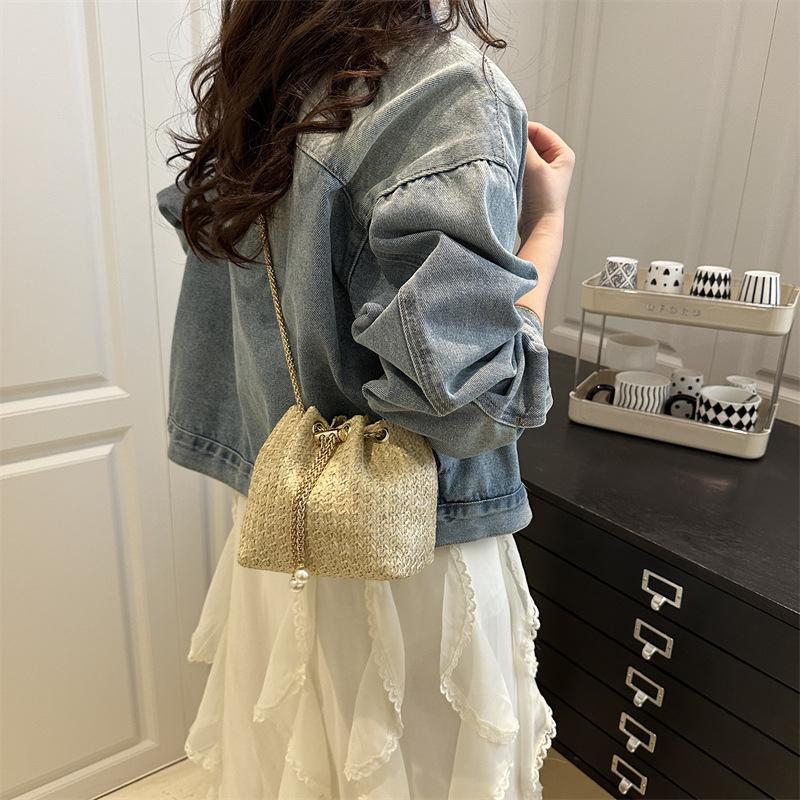 Straw Belt Chain New Summer Simple Solid Color Shoulder Crossbody Bucket Bag Women