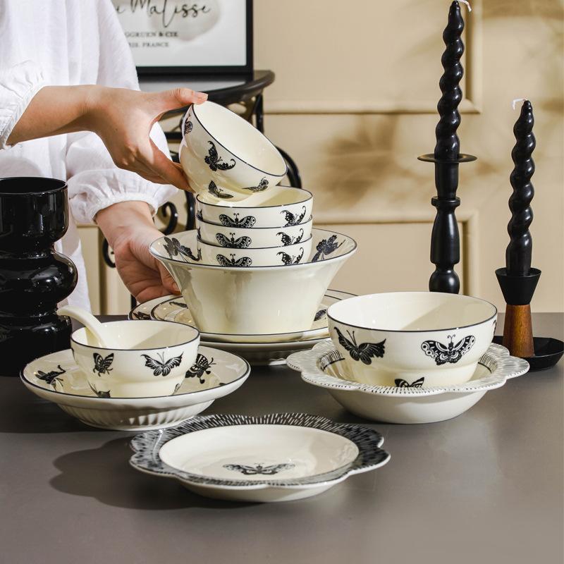 Ins butterfly dish tableware ceramic rice bowl high popular level plate bowl full set of household bowl set butterfly bowl plate