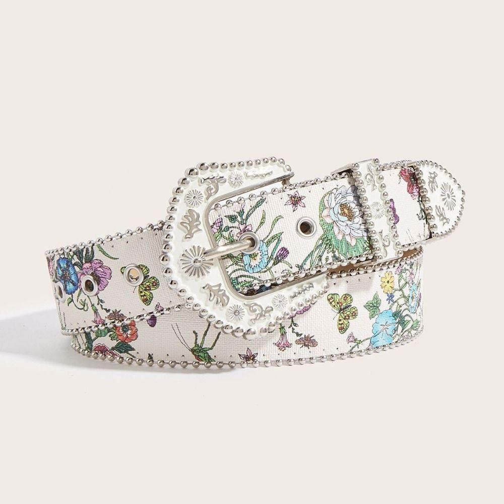 Printed PU Leather Waistband Flower Retro Waistband Adjustable Floral Belt  Outdoor