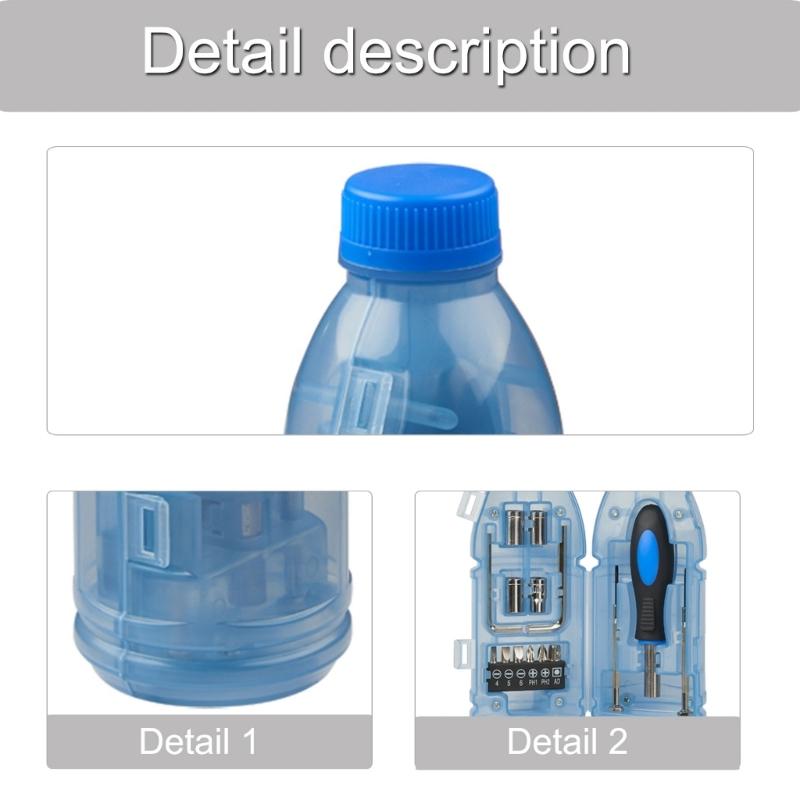 Multifunctional 15 in 1 Bottle Shaped Tool Set Includes Particles Clear Case