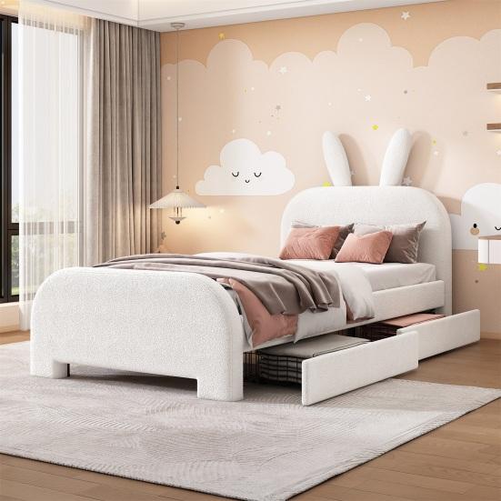 Weiches Bett 90x200cm Hasenform Samtstoff Kinder mit Kopfteil 2 Schubladen Ergonomisches Design Starke Holzlattenrost-Unterstützung Heimmöbel Kinder