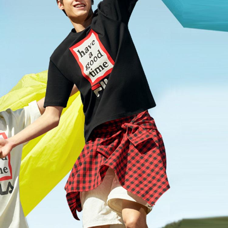Fila X Have A Good Time Letter Print Big Logo Sports Casual Macaron Style Colorful Fashion Short Sleeve Drop Shoulder T-Shirt F11U229103F-BK
