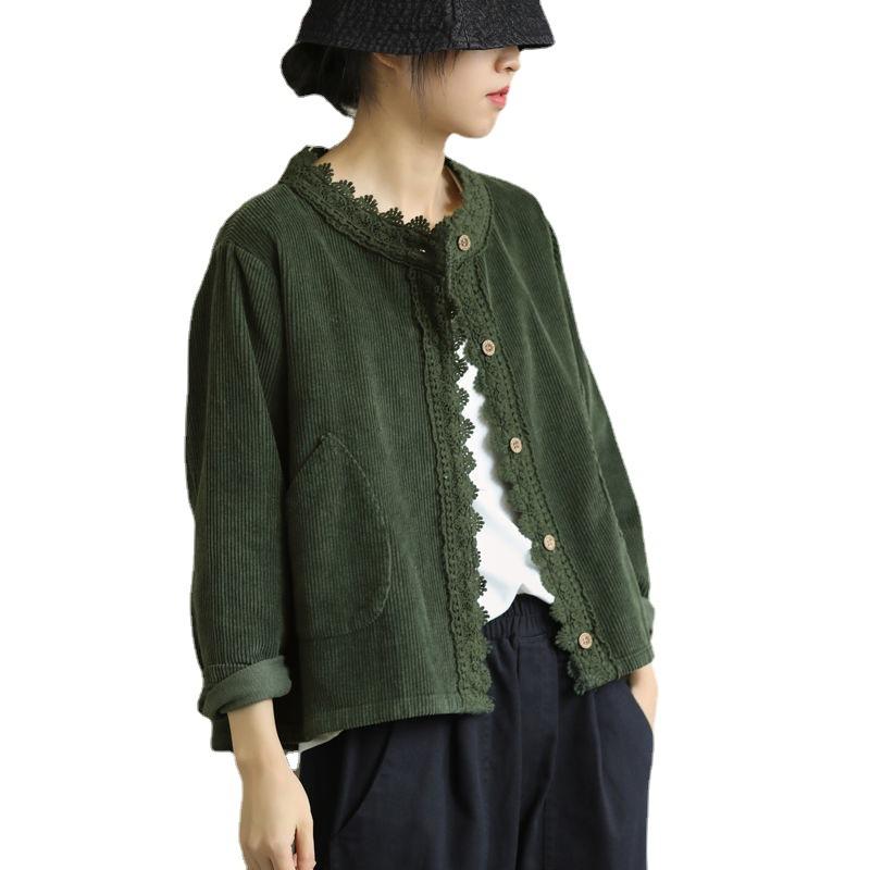 Loose Literary Long Sleeved Round Neck Women's Jacket Spring Solid Color Corduroy Lace All Match Short Jacket Stitching