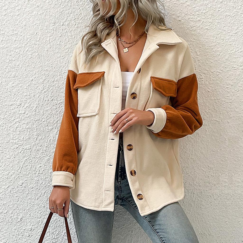 Women's Spliced Woolen Warm Polar Fleece Lapel Thickened Jacket