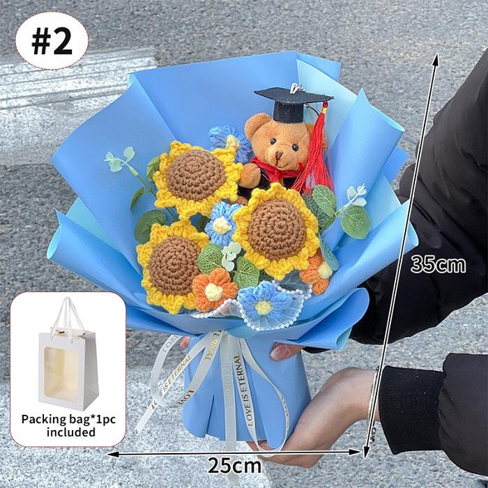 Finished Crochet Flowers Bouquet Handmade SunFlower Bouquet Valentines Gift Wedding Decor Knitted Flower Bouquet with Gift Bag