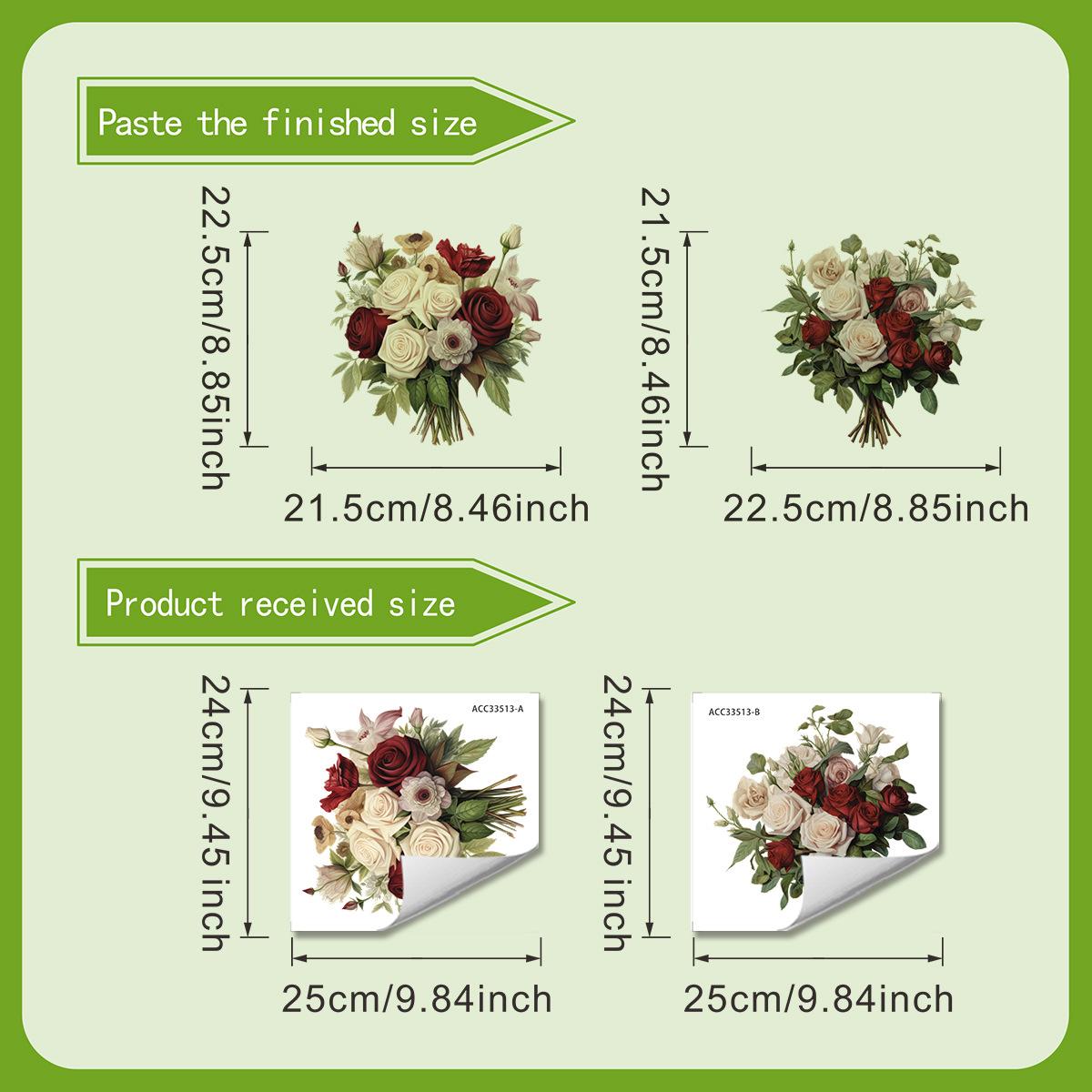 Red and White Roses Retro Bouquet Toilet Sticker Self-adhesive Without Leaving Glue Waterproof Bathroom Decoration 24x25cm 2 set