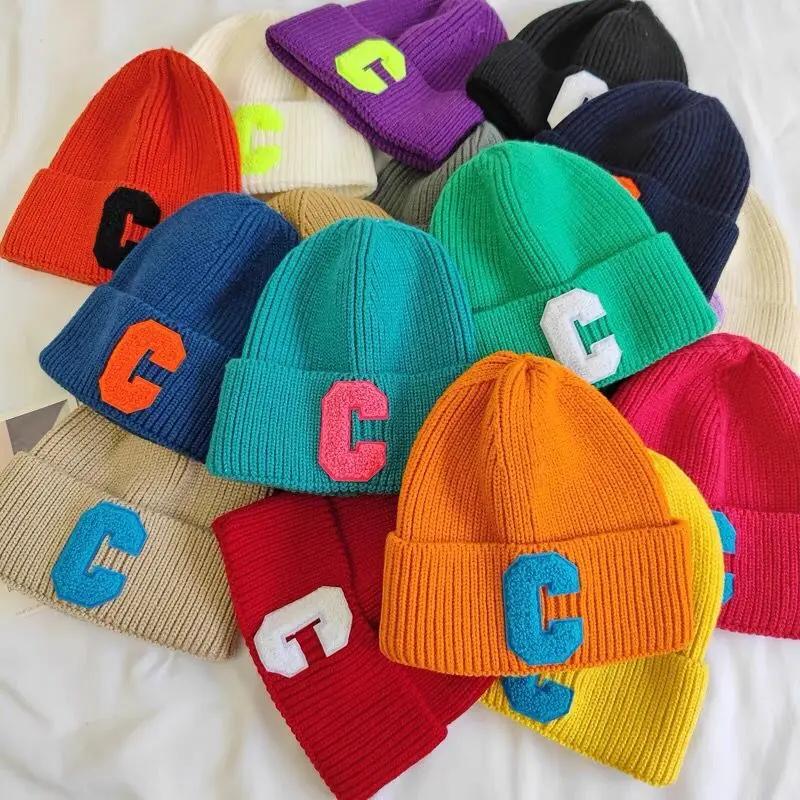 Simple Winter Woolen Big C Letter Hat Women Men Unisex Beanie Cap Outdoor Thick Warm Hip Hop Sport Ski Knitted Hats Console