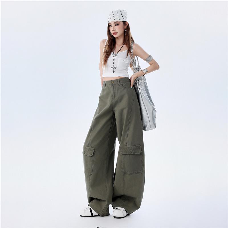 2026 Spring Trendy Military Green Curved Leg Workwear Jeans – Casual, Loose, and Versatile Drape for Women