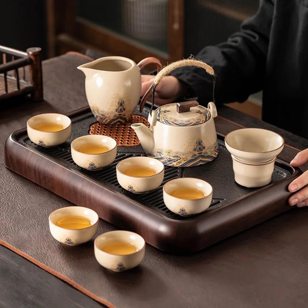 Mi Huang Ru Kiln Kung Fu Tea Set, Home Reception Ceramic Teapot, Tea Cup, Tea Tray Set, Office Tea Set