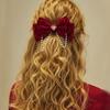 1PC Retro Wine Red Velvet Bow Pearl Pendant Three-dimensional Hairpin Suitable for Daily Life