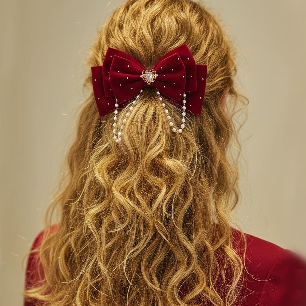 1PC Retro Wine Red Velvet Bow Pearl Pendant Three-dimensional Hairpin Suitable for Daily Life