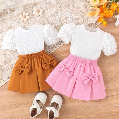 Sweet Suit for Girls Summer Children Fashion Puffy Sleeve Top + Bow Skirt Two-piece Suit