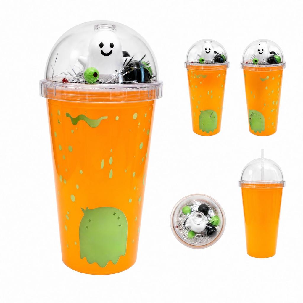 oz Single Wall Plastic Cup with Straw, Light Up Halloween Cup with Cute Doll Design
