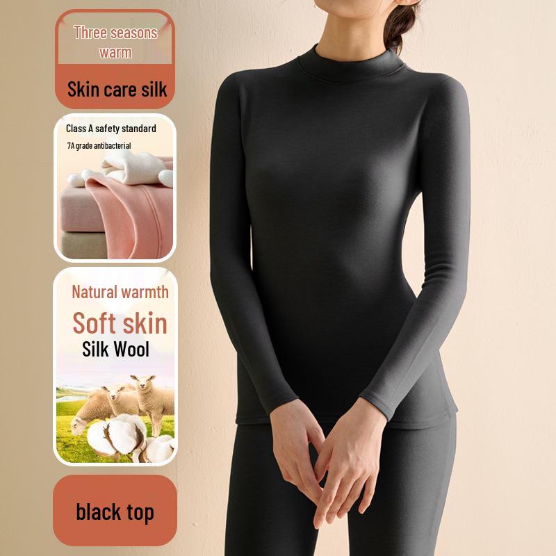 Women's Wool Silk Thermal Set: Warm Stand Collar Top & Trousers - Heat-Generating, Skin-Friendly Base Layer for Autumn/Winter.
