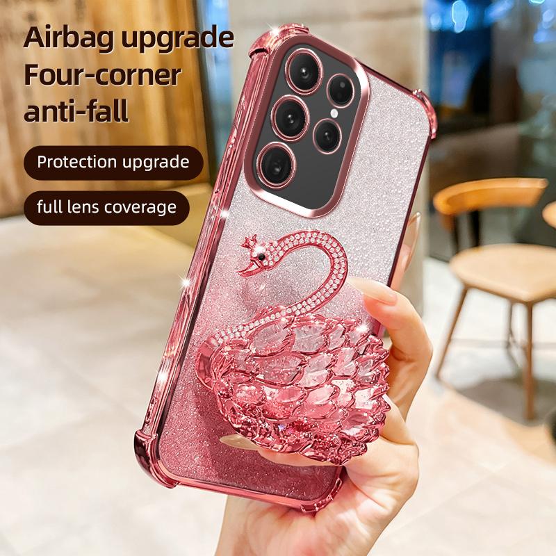 KEYSION Shockproof Plating TPU Phone Case for Samsung S24 S25 Ultra S25+ Glitter Jewelled Swan kickstand Cover for Galaxy S24 S25 FE 5G