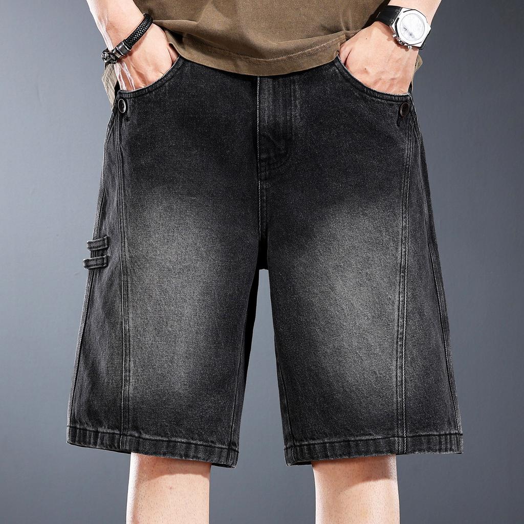 High-end American heavy men's denim shorts summer washed loose straight retro five-point medium pants men