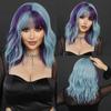 Professional  Synthetic Body Wavy Light Blue Hair Wig with Bangs for Women Daily Party High Density Middle Length Highlight Purple Wigs