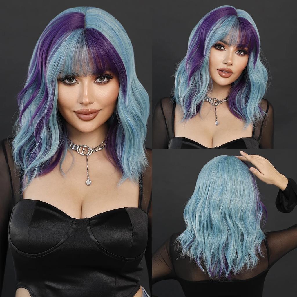 Professional  Synthetic Body Wavy Light Blue Hair Wig with Bangs for Women Daily Party High Density Middle Length Highlight Purple Wigs
