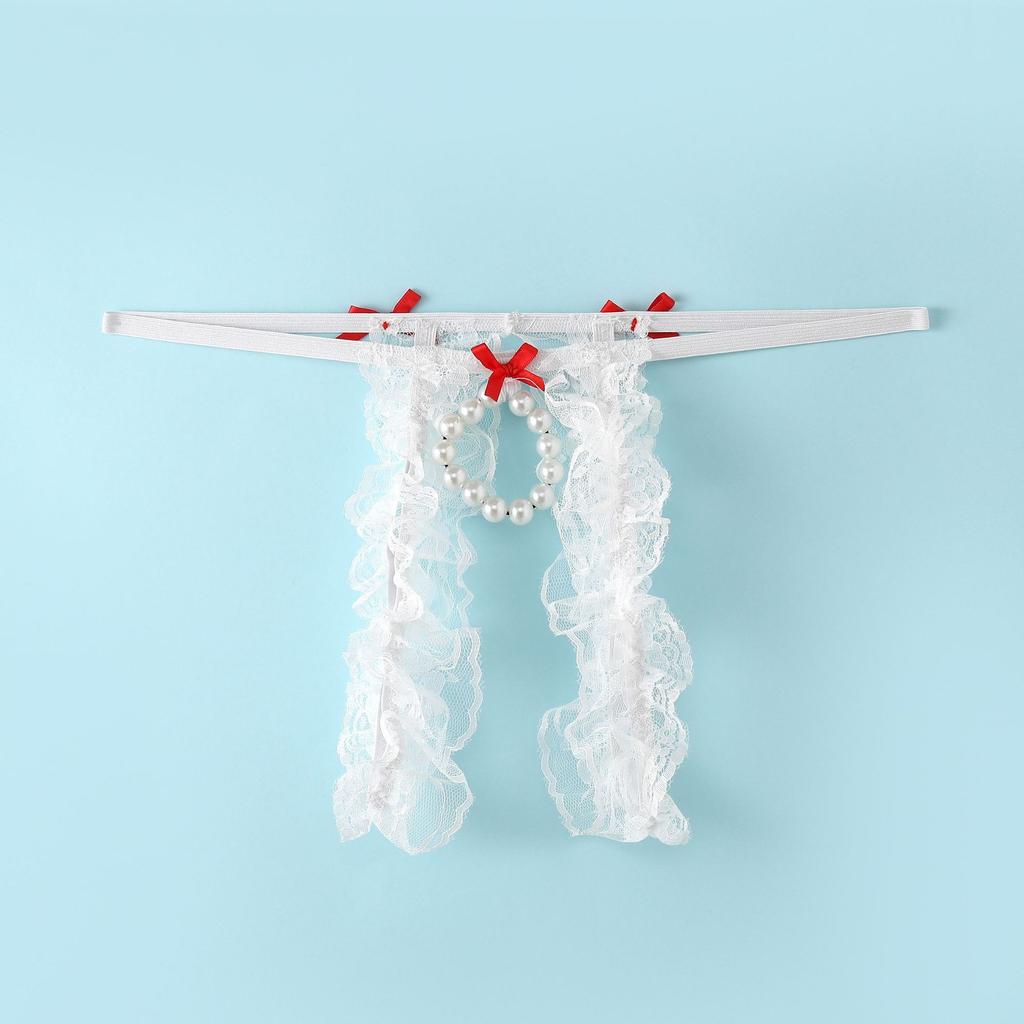 Men's Hot Bow Lace Thong Charm Bead Ring Panties Perspective Hollow Crotch Low Waist Fun Strap