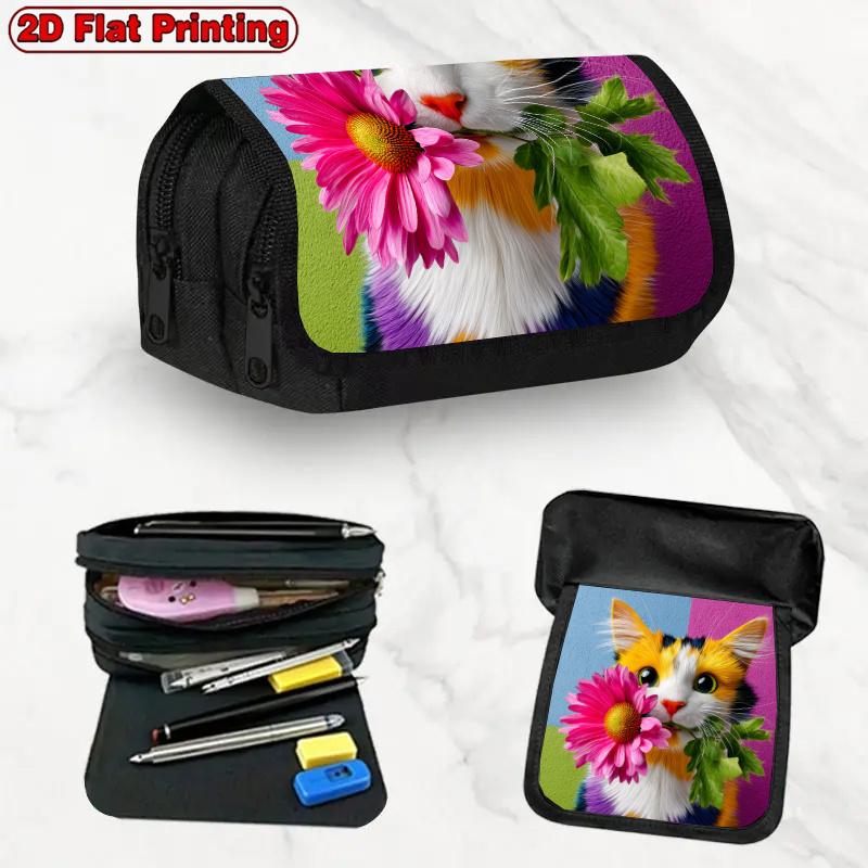 1pc 1pcs Colored Cat Design Double Layer Flip Pencil Case Suitable for Schools, Offices & Travel - Multi-Layer Flip Cover with Zipper Closure, Storage
