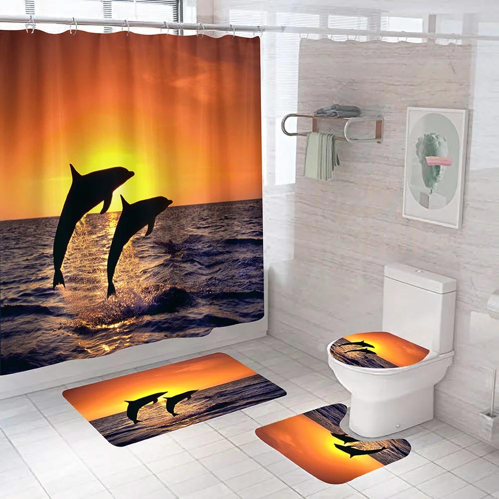 Ocean Dolphin Bathroom Set Animal Waterproof Fabric Shower Curtain Set Sea Scenery Pedestal Rugs Flannel Toilet Cover Bath Mats