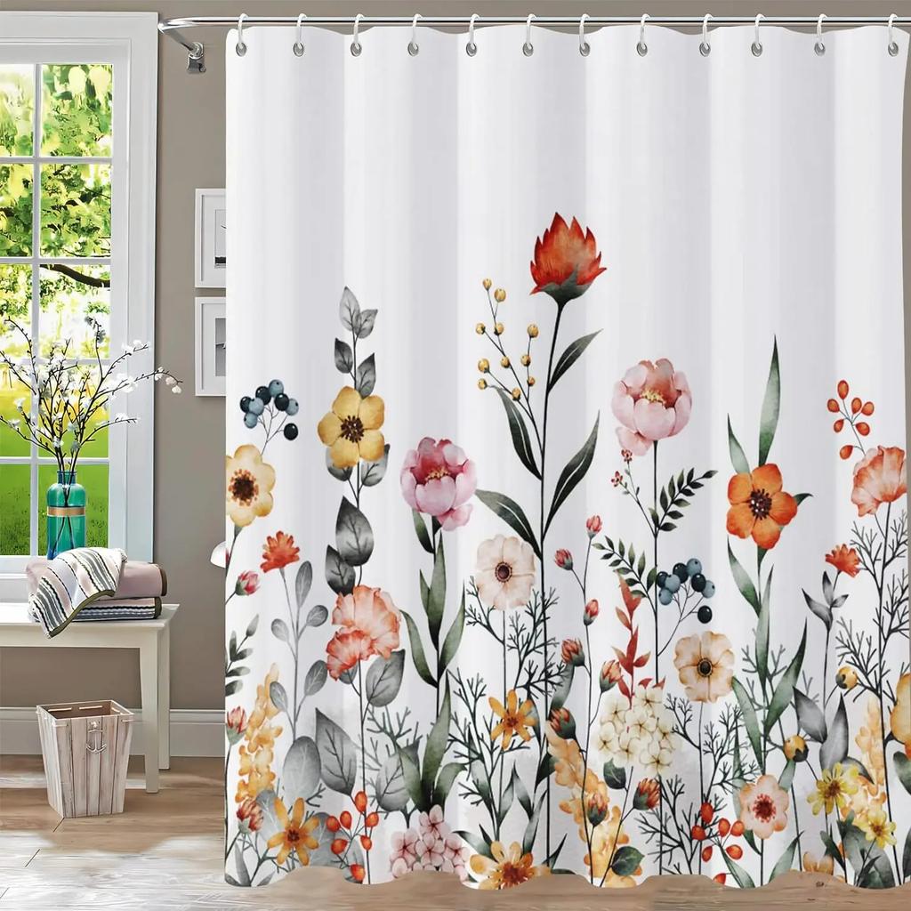 Bathroom Fabric Shower Curtain Waterproof Green Washable Watercolor Leaf Top Plant Bathroom Shower Curtain with Flowers