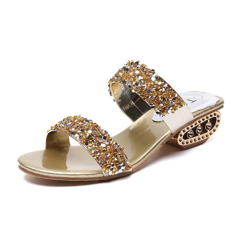 

2025 summer new sexy gold French rhinestone half slippers women wear high heels thin heels transparent one-word sandals 40 золотой