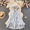 Women Floral Spaghetti Strap Dress Elastic Ruched Sexy Hollow Backless Party Dress Summer Boho Vacation Beach Sundress