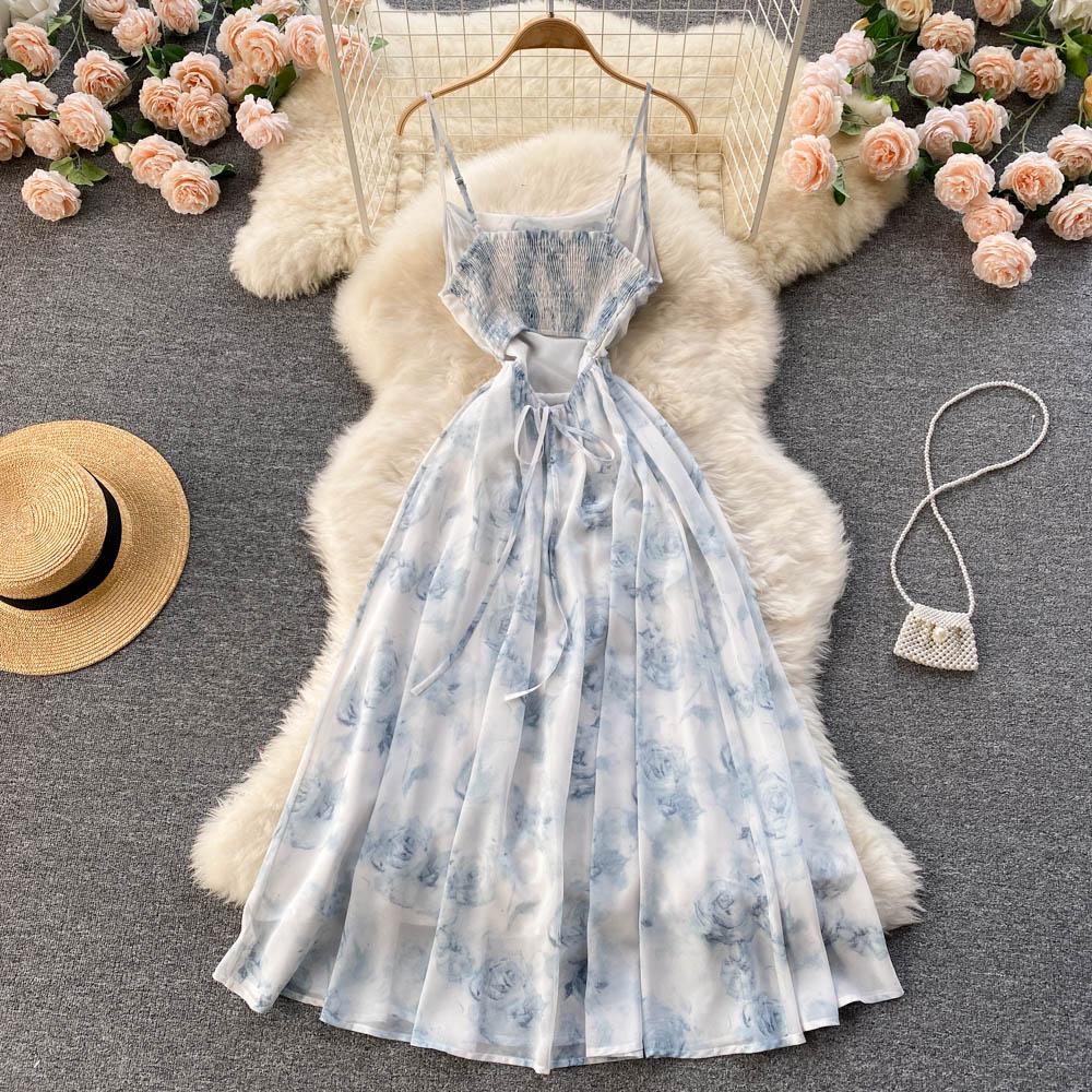 Women Floral Spaghetti Strap Dress Elastic Ruched Sexy Hollow Backless Party Dress Summer Boho Vacation Beach Sundress
