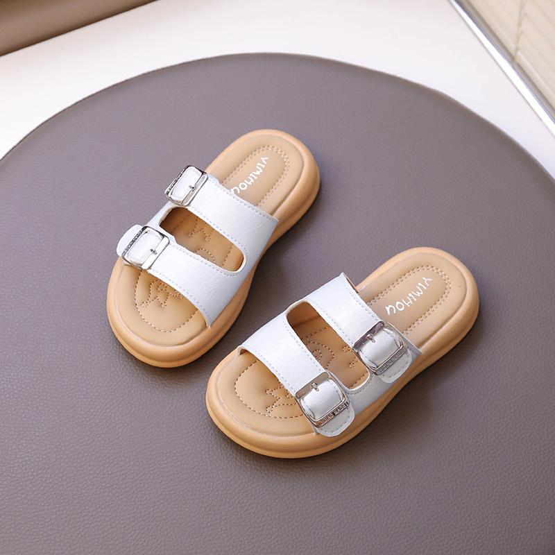 Children Slippers Outdoors Retro Kids Beach Shoes Soft Sole Korean Style 2025 Summer New Girls Sandals Elegant Chic Sweet Chic
