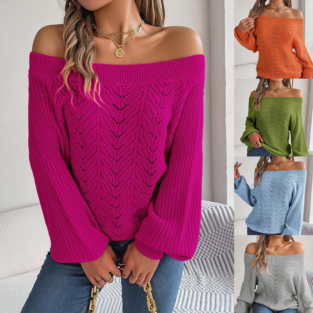 Real Shot 2025 Autumn/Winter Off-Shoulder Lantern Sleeve Sweater - Women's Solid Color Casual Wear