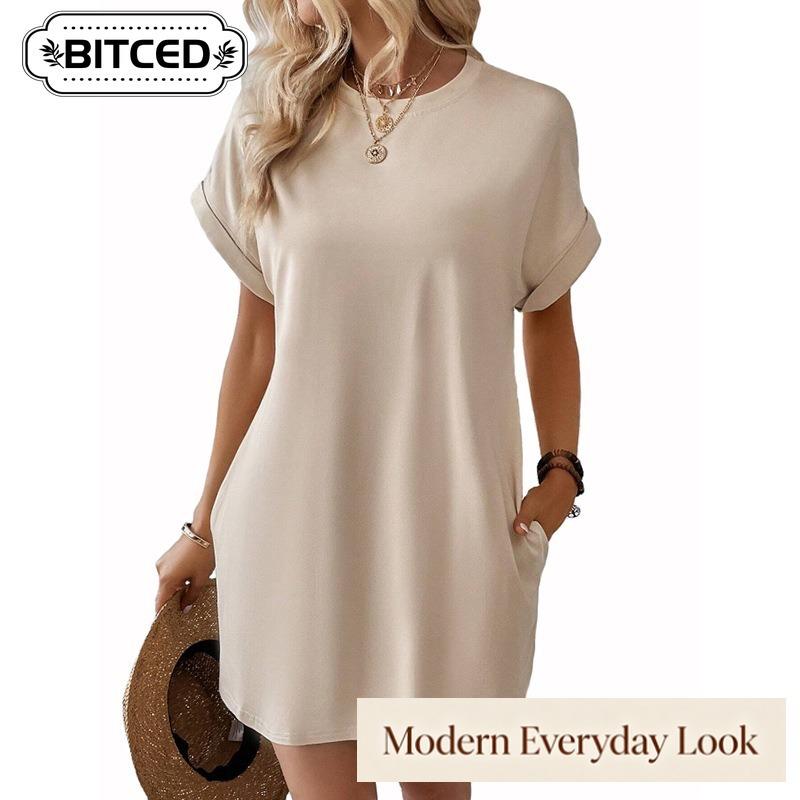 BITCED Women's Fashion Summer Spring Solid Color Print O-Neck Short Sleeve Casual Dresses