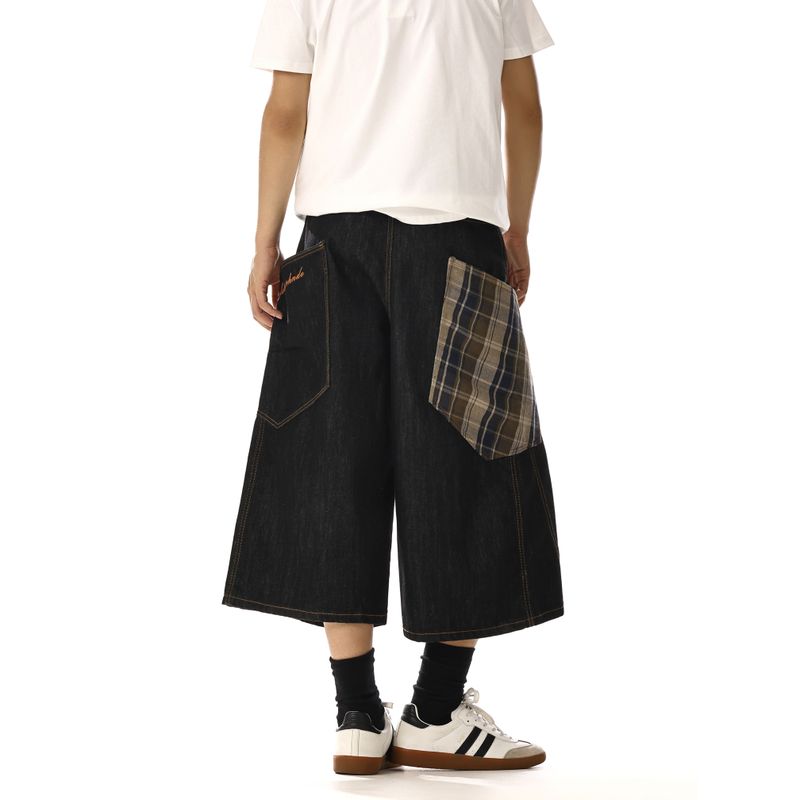 

American vintage Plaid Patchwork Large Pocket Cargo Demin shorts Men s and Women s Design Wide-Leg Casual Cropped Pants Fashion Brown Grid 2XL