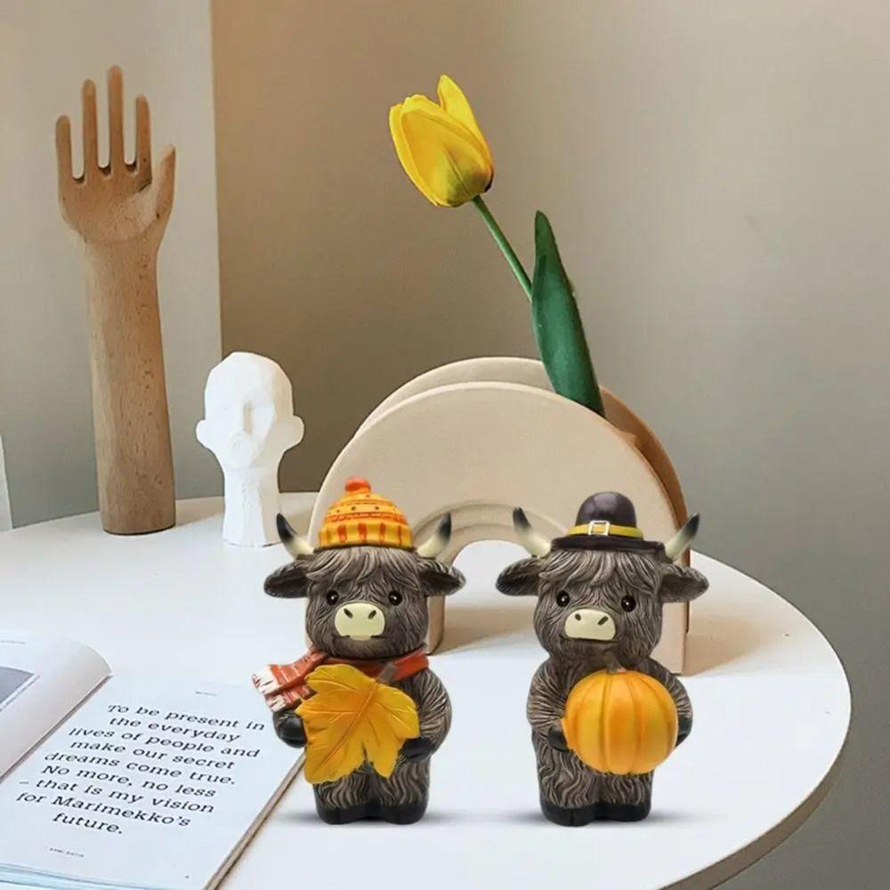 2pcs Resin Cow Statue Cute Animal Figurine Sculpture Crafts Highland Cattle Ornament  Table