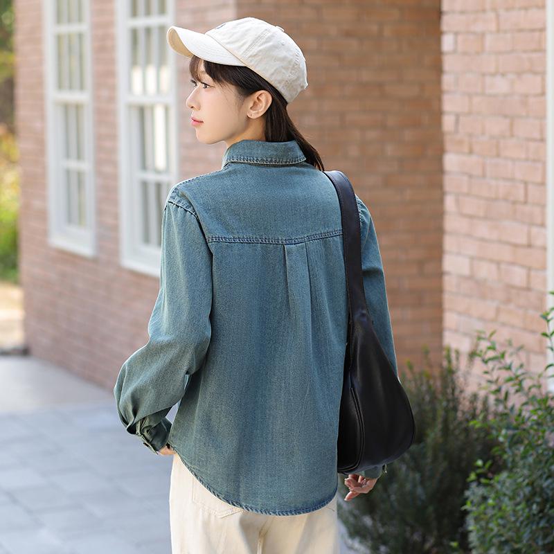 Vintage-Inspired Luxe Korean Denim Shirt with Scarf Collar