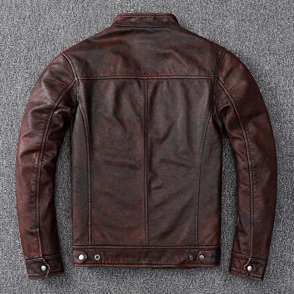 Vintage Brown Coat Classic Biker Style Short Slim Genuine Leather Jacket Men Casual Leather Coat