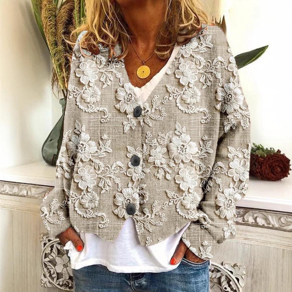 2026 Trending Women's Digital Print V-Neck Cardigan Sweater - Short, Long-Sleeve Design