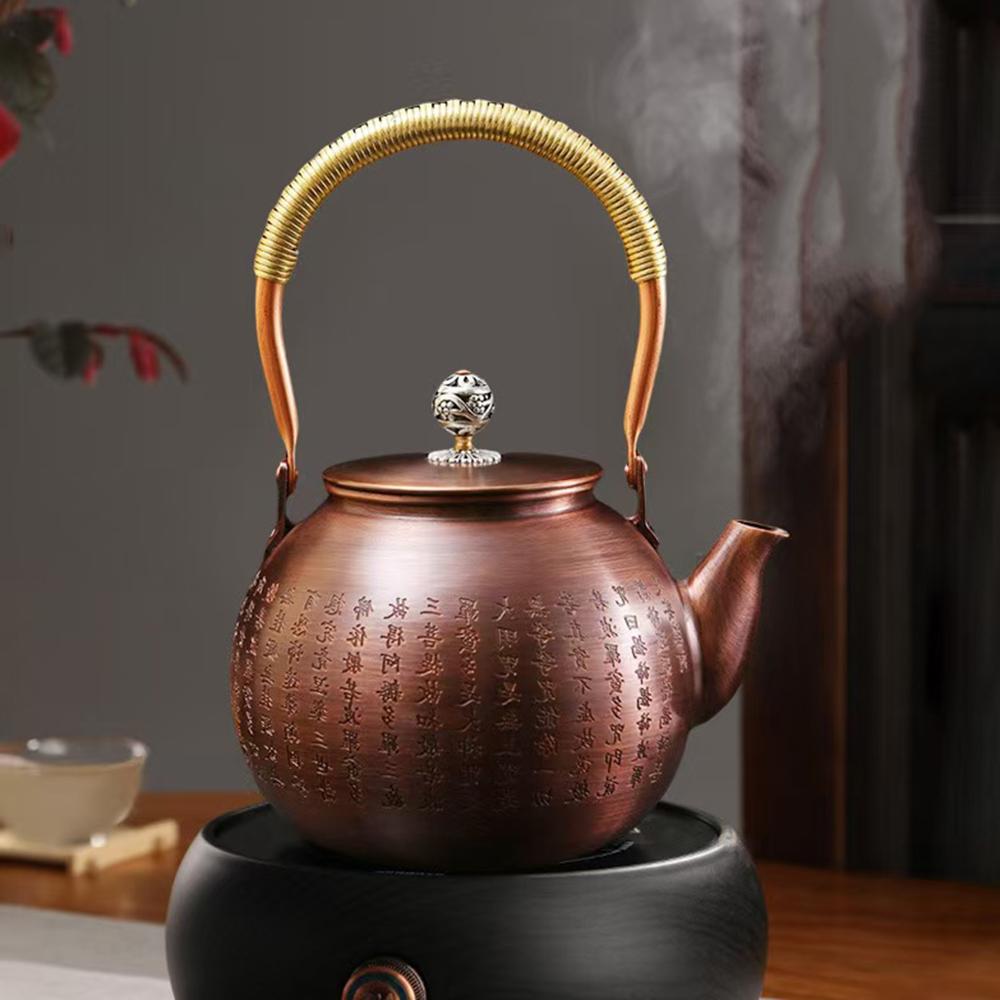 Vintage red copper pot, Heart scripture teakettle, High-capacity boiling water pot for brewing tea, Chinese style copper teapot