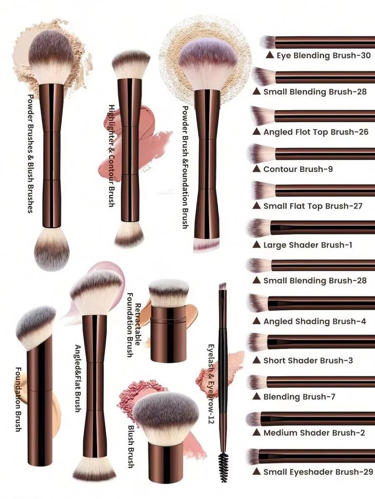22-teiliges professionelles Make-up-Pinsel-Set, inklusive einer Samt-Aufbewahrungstasche, 20 weiche lange Aluminiumrohr-Pinsel + 2 Puderschwämme