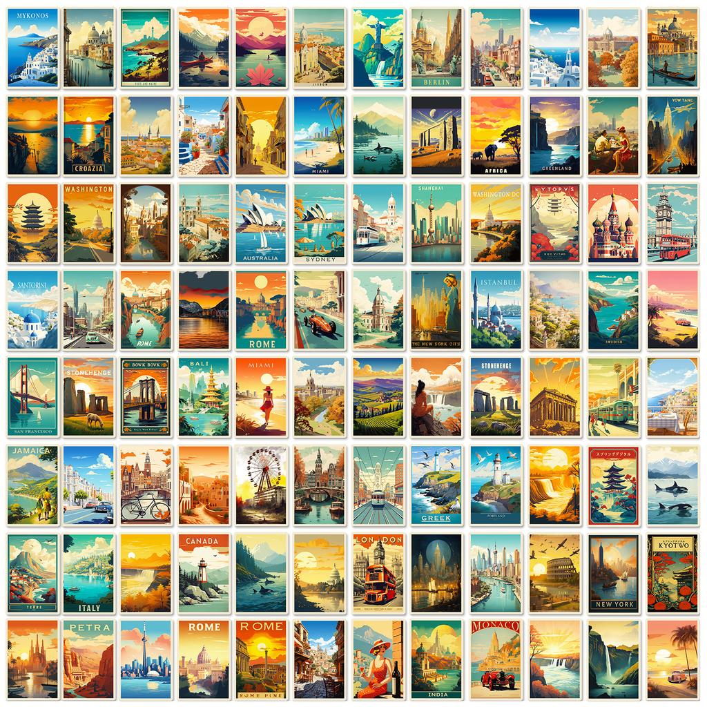 100 Stickers Of Scenic Posters From Various Countries, 4 Stickers Of Tourist Scenic Posters From Characteristic Cities Around The World