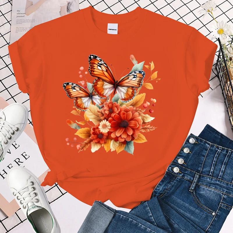Cute Fall Flower Butterfly Print T Shirts For Women&Girls Casual Round Neck Tees Top Summer Women`S Loose tops