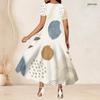 Women Plus Size Round Neck Short Sleeve Tie Dye Printed Blue White A Line Long Dress