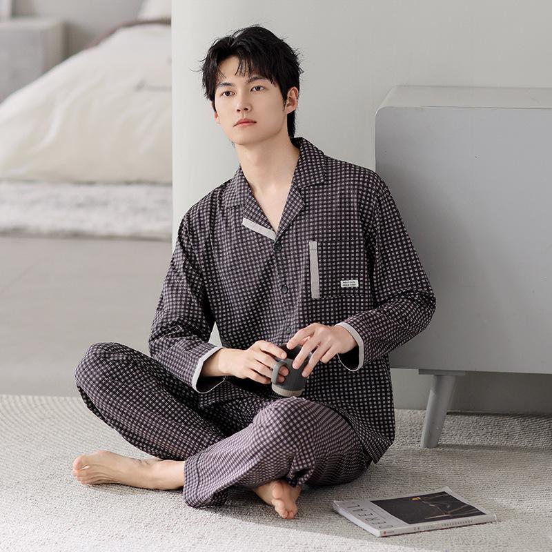 Pajamas Men'S Spring And Autumn Pure Cotton Long-Sleeved Autumn Plaid High-End Sense Can Be Worn Outside Qingzhong Spring Loungewear Suit