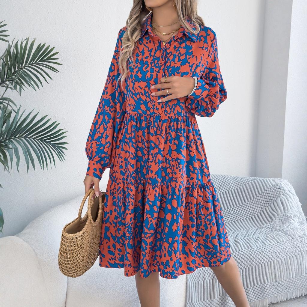 Women's Summer Fashion Printed Lapel Button Loose Long Sleeved Shirt Dress