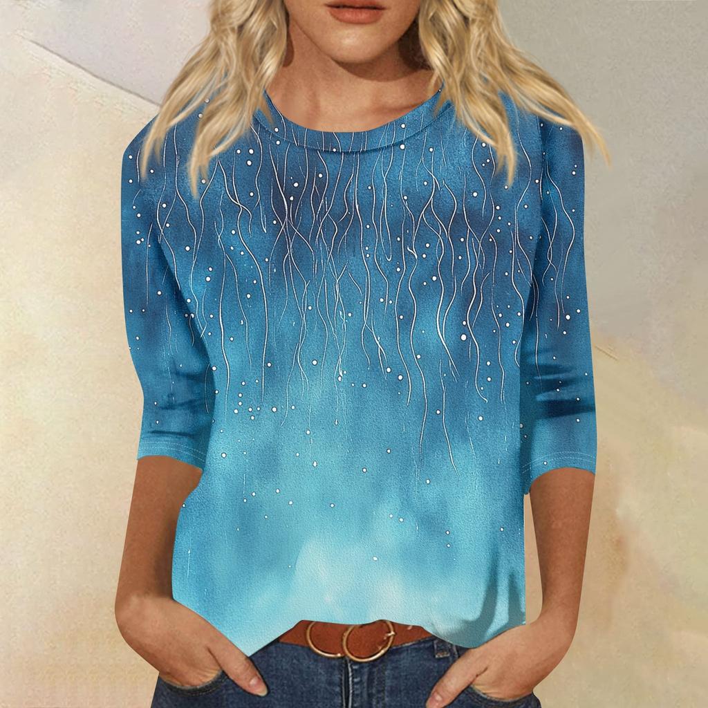 Dámská móda Ležérní tričko s kulatým výstřihem, 3/4 rukávem, volným potištěným tričkem, dámský top